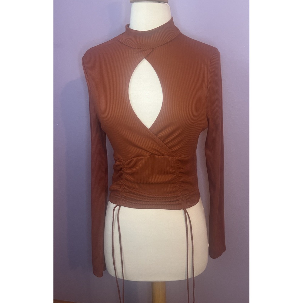 January 7 Rust Ribbed L/S Top Keyhole Cutout Ruched Drawstring Y2K Large